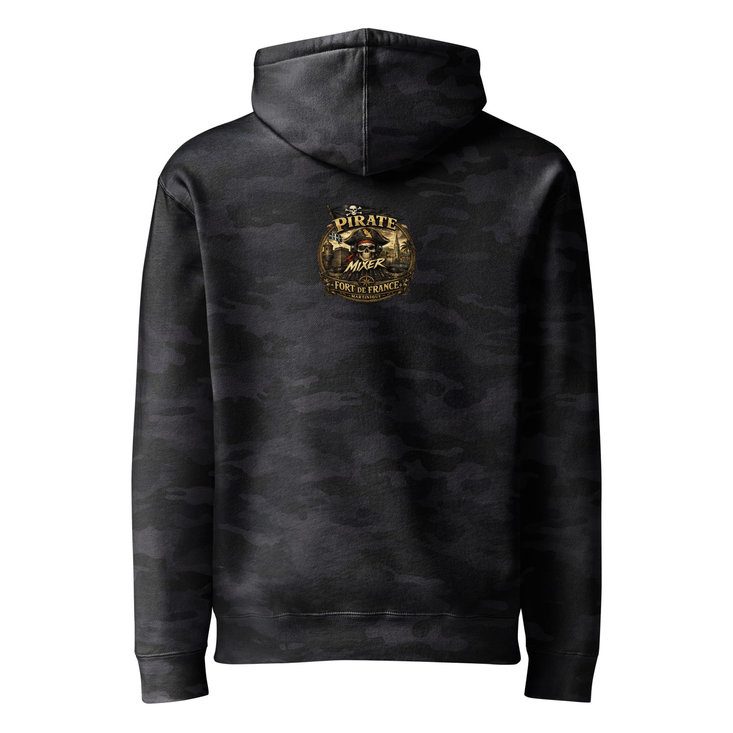 Hoodie K972 unisexe streetwear Martinique - polaire épaisse noir camo vue de dos - The Fire Girl