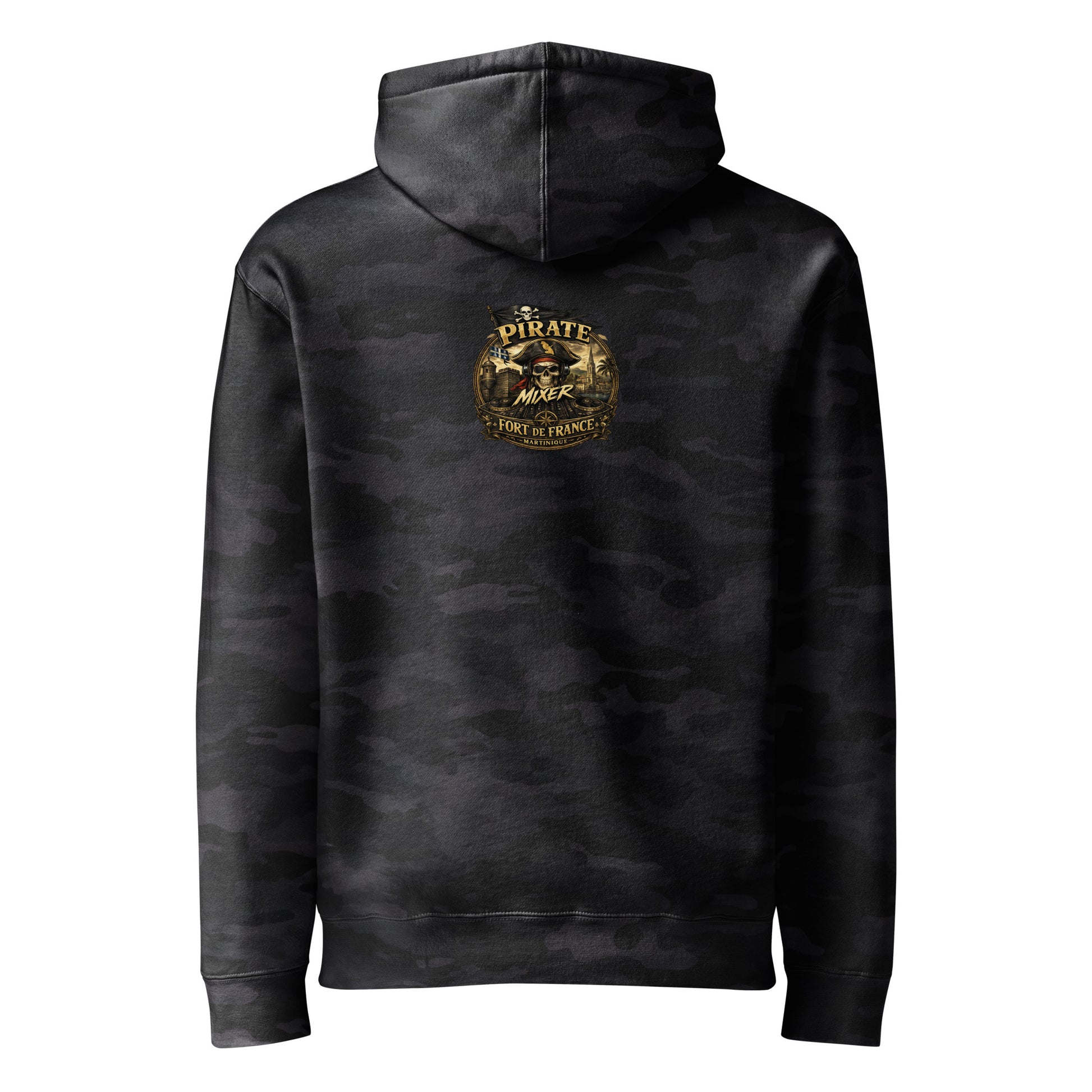 Hoodie K972 unisexe streetwear Martinique - polaire épaisse noir camo vue de dos - The Fire Girl