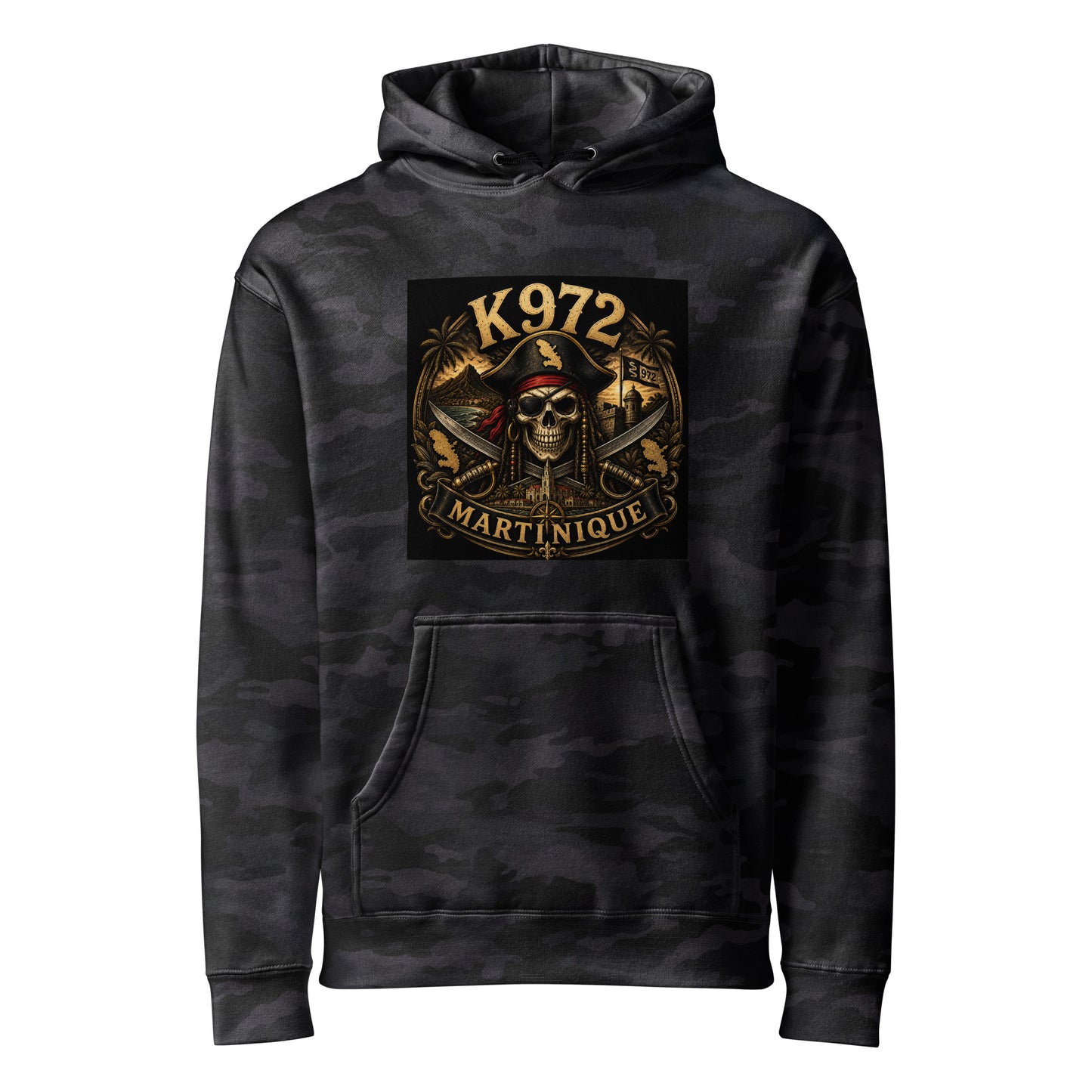 Hoodie K972 unisexe streetwear Martinique - polaire épaisse noir camo vue de face - The Fire Girl