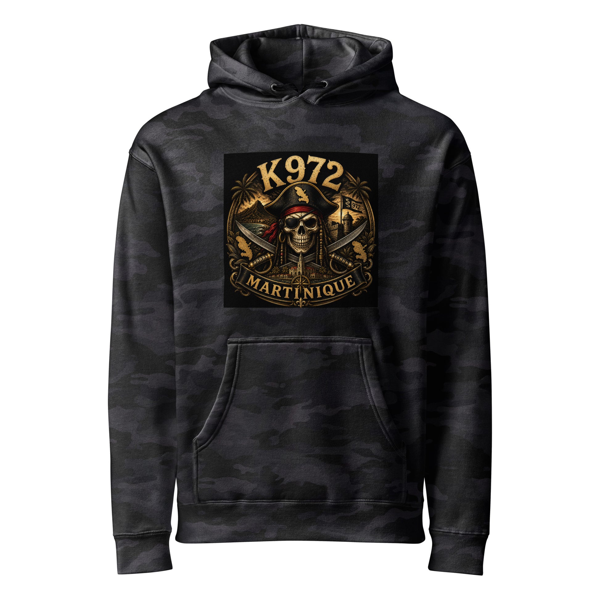 Hoodie K972 unisexe streetwear Martinique - polaire épaisse noir camo vue de face - The Fire Girl