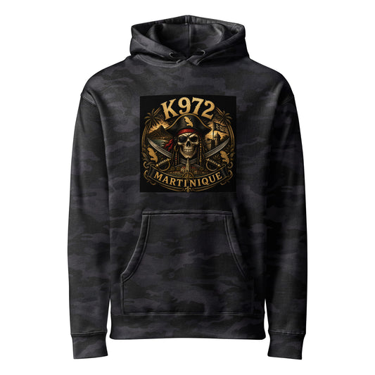 Hoodie K972 unisexe streetwear Martinique - polaire épaisse noir camo vue de face - The Fire Girl